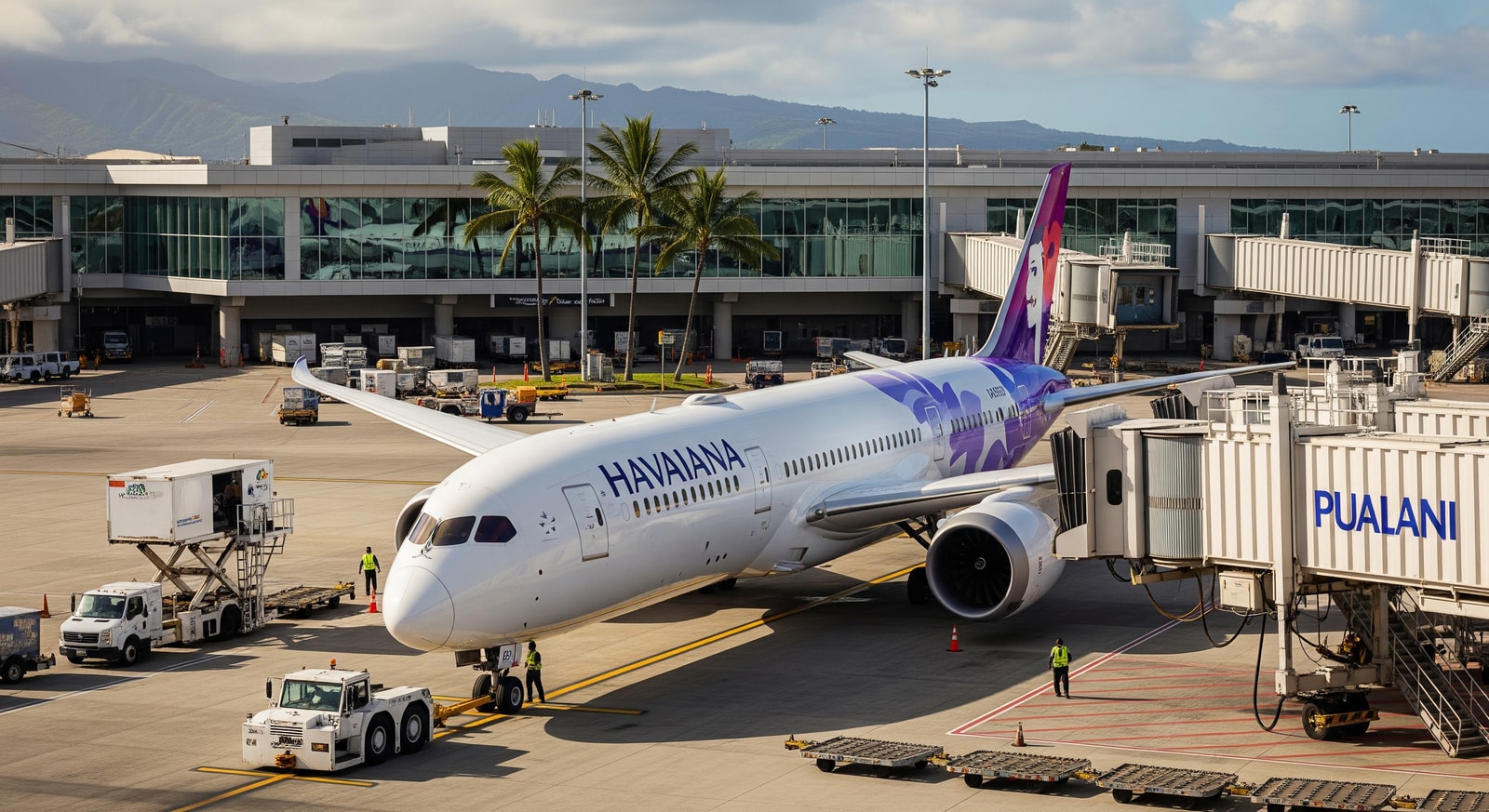 Hawaiian Airlines aircraft at a Hawaiian airport showing terminal upgrades and ground operations