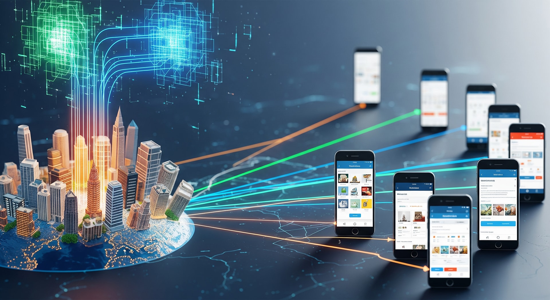Digital travel distribution concept showing AI algorithms connecting global hotel inventory to mobile channels