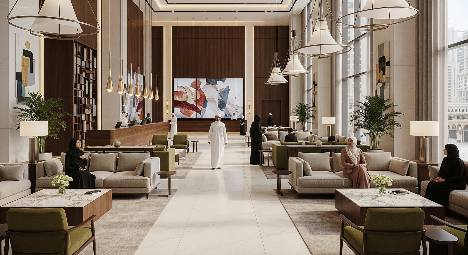 Hotel lobby in Makkah with modern seating and reception area, illustrating Hilton’s expanded accommodation options for pilgrims