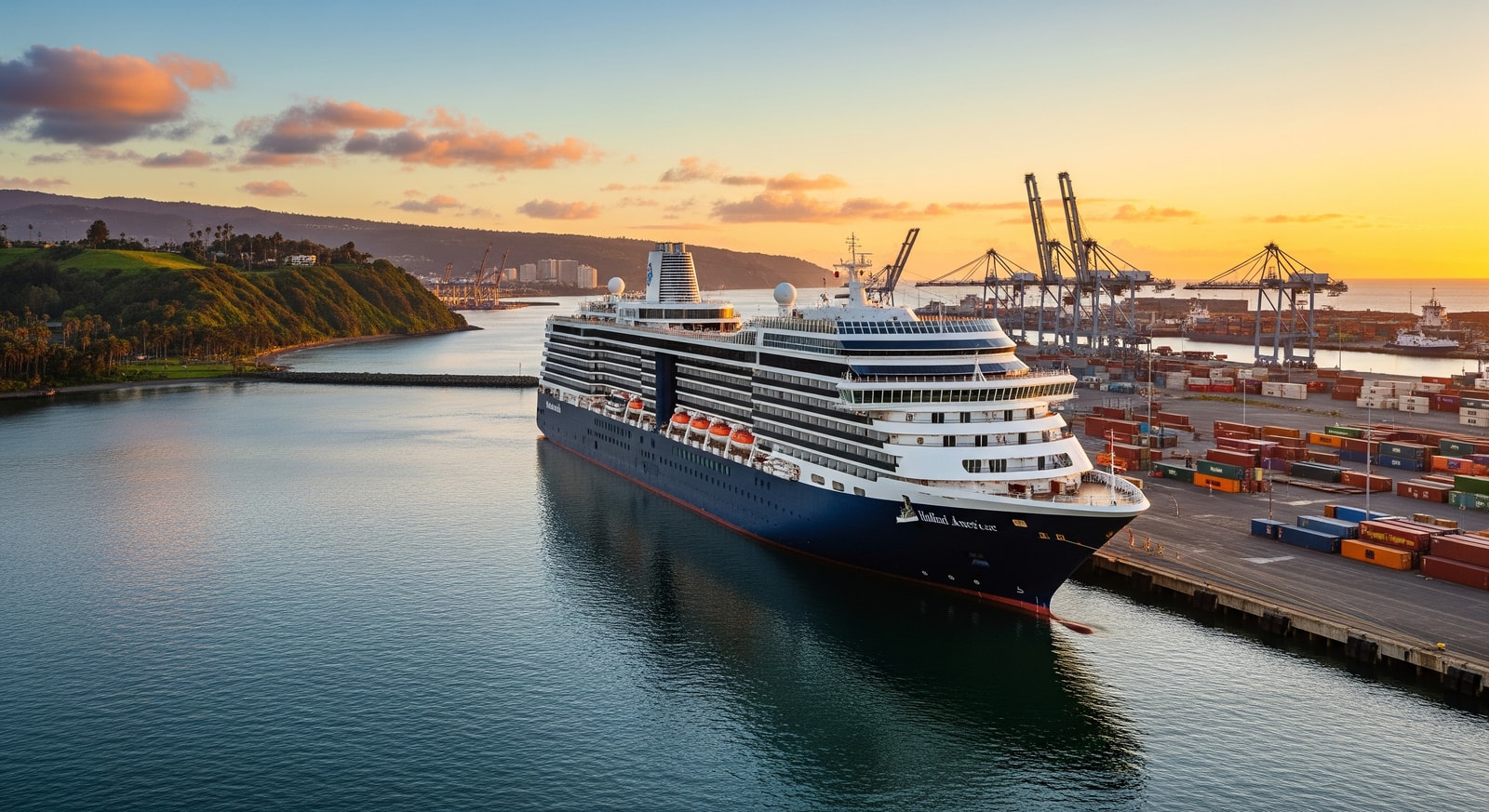 A cruise ship docked near a Pacific Coast port, illustrating Holland America Line’s expanded Pacific and Hawaii cruises for 2027–28