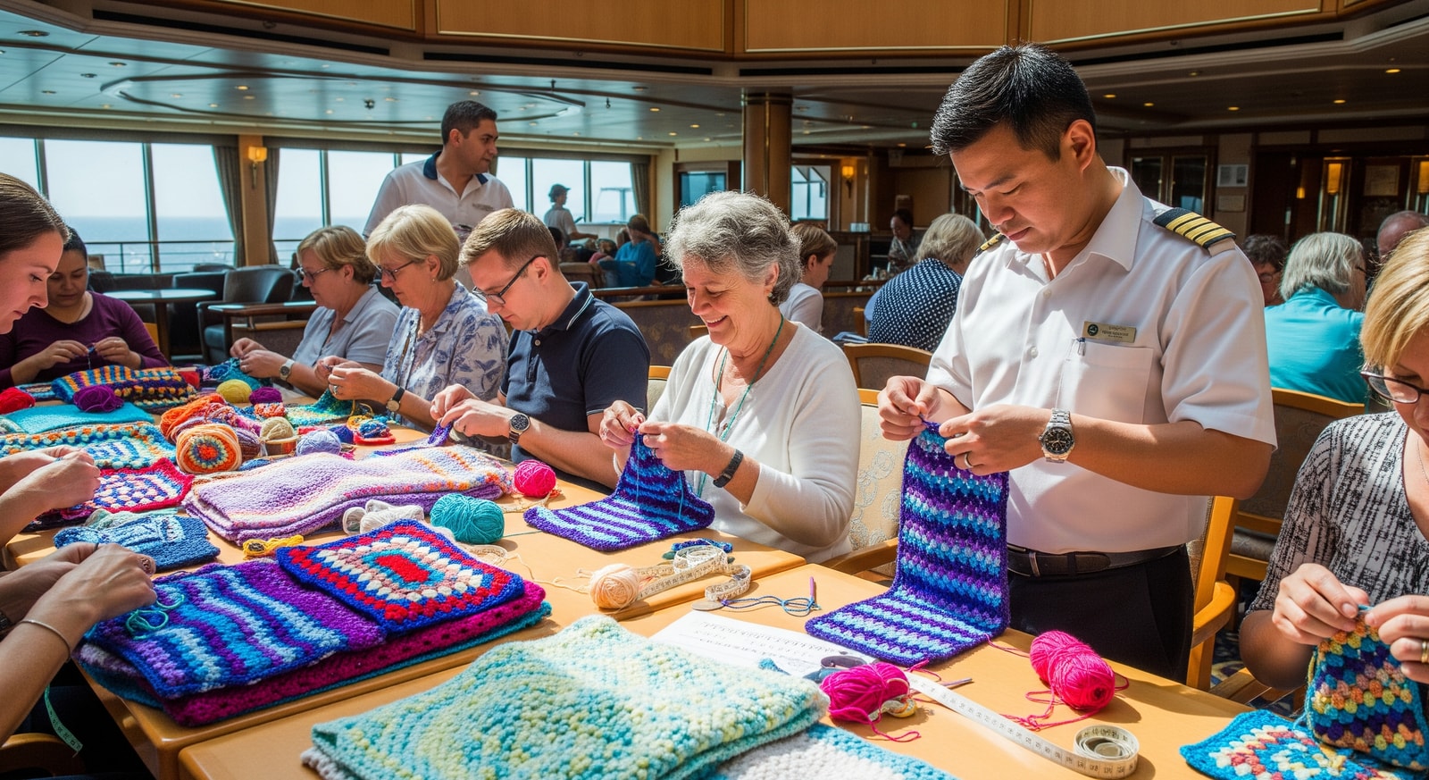 Passengers and crew aboard the Volendam working together on crocheted blankets for Project Linus