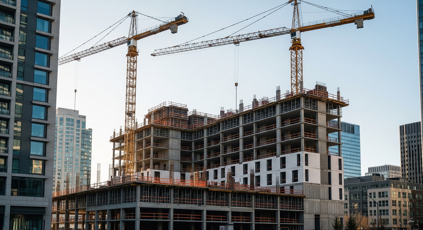 New hotel construction site in a Canadian city with cranes and building frames, showing growth in hotel development
