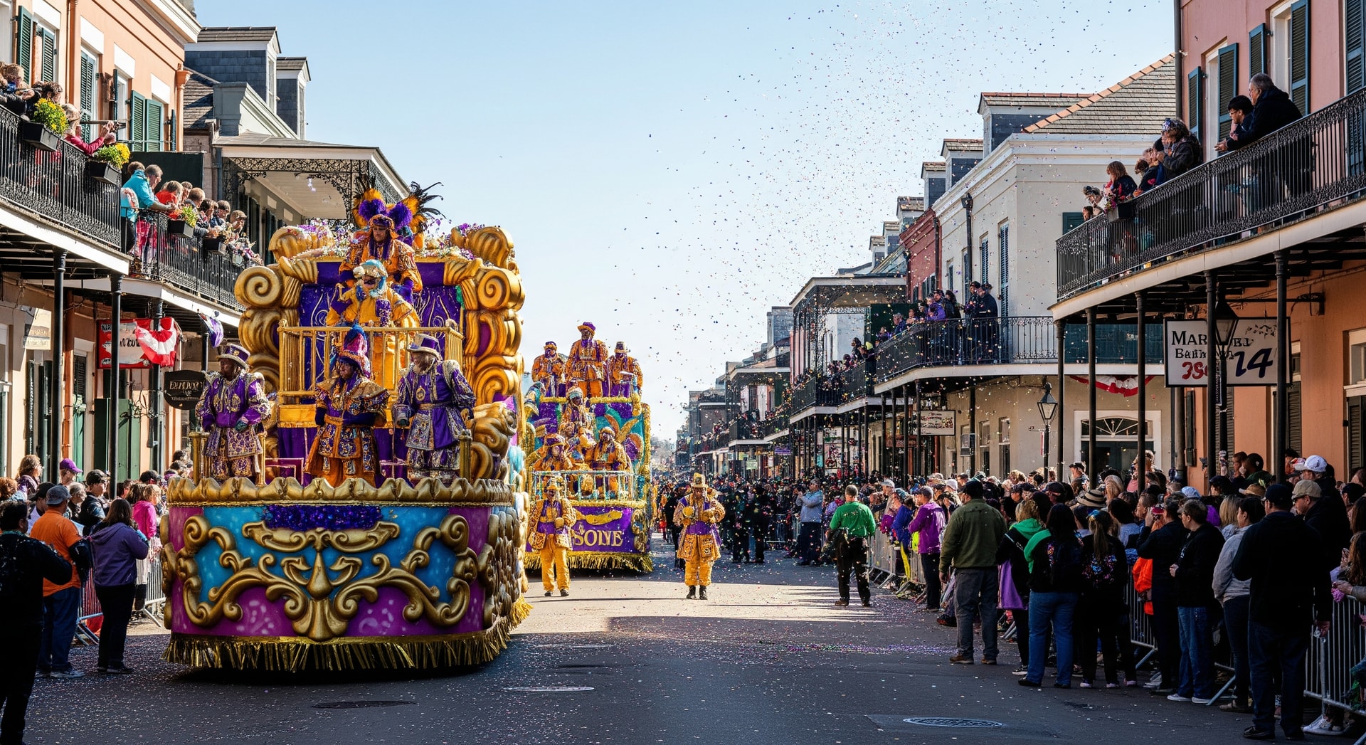 Crowds and floats during Mardi Gras parades in New Orleans' French Quarter