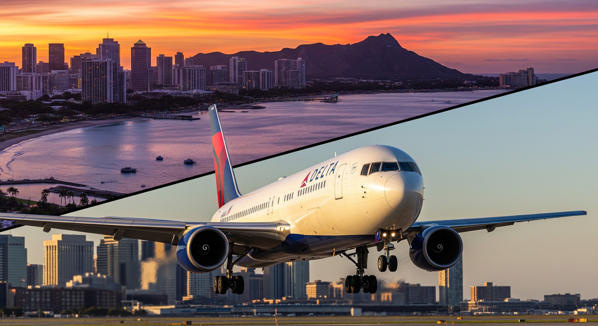Delta aircraft preparing for departure with Boston Logan and Honolulu skyline montage