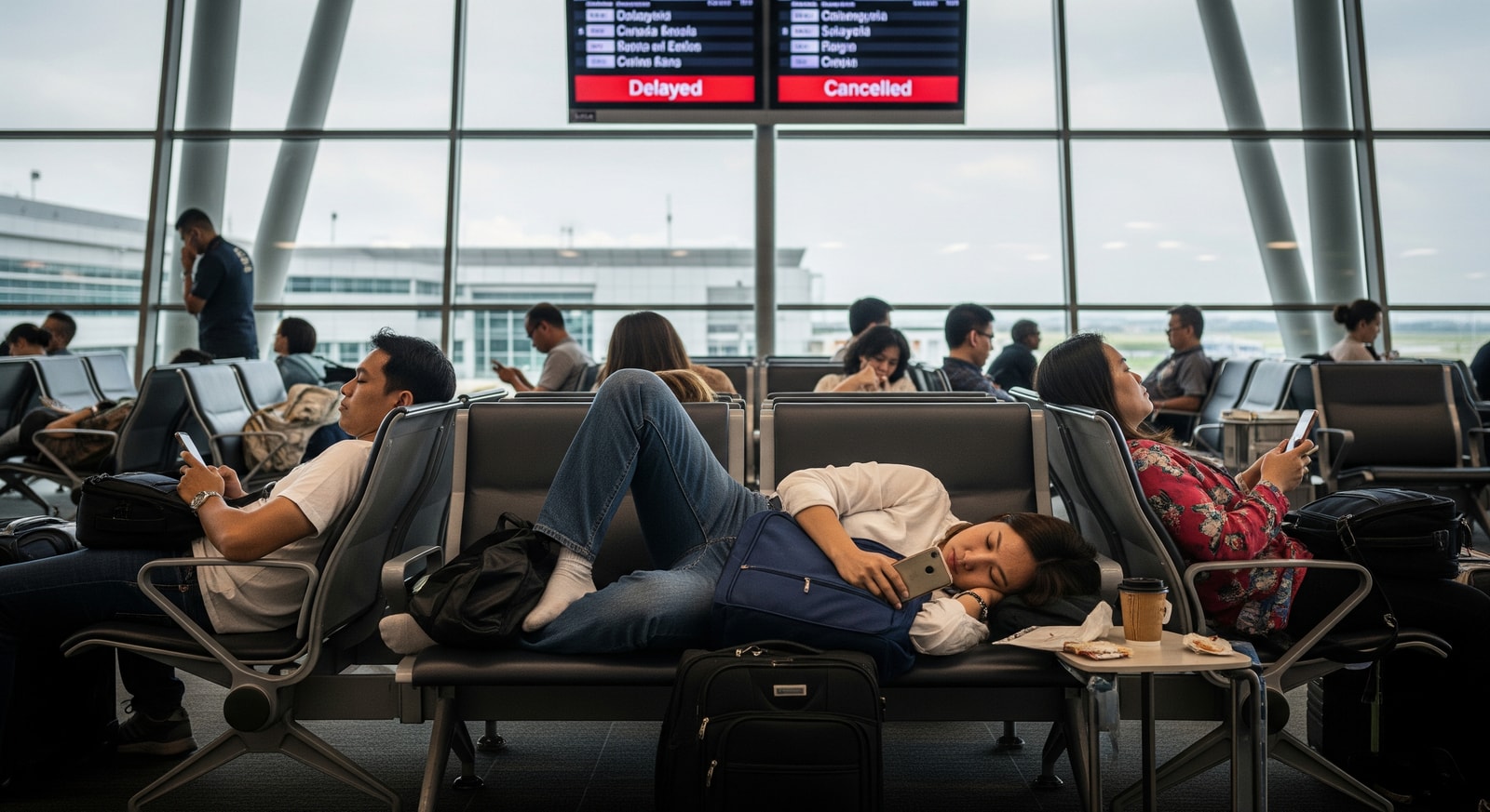 Passengers at a departure lounge in Southeast Asia affected by flight delays and cancellations