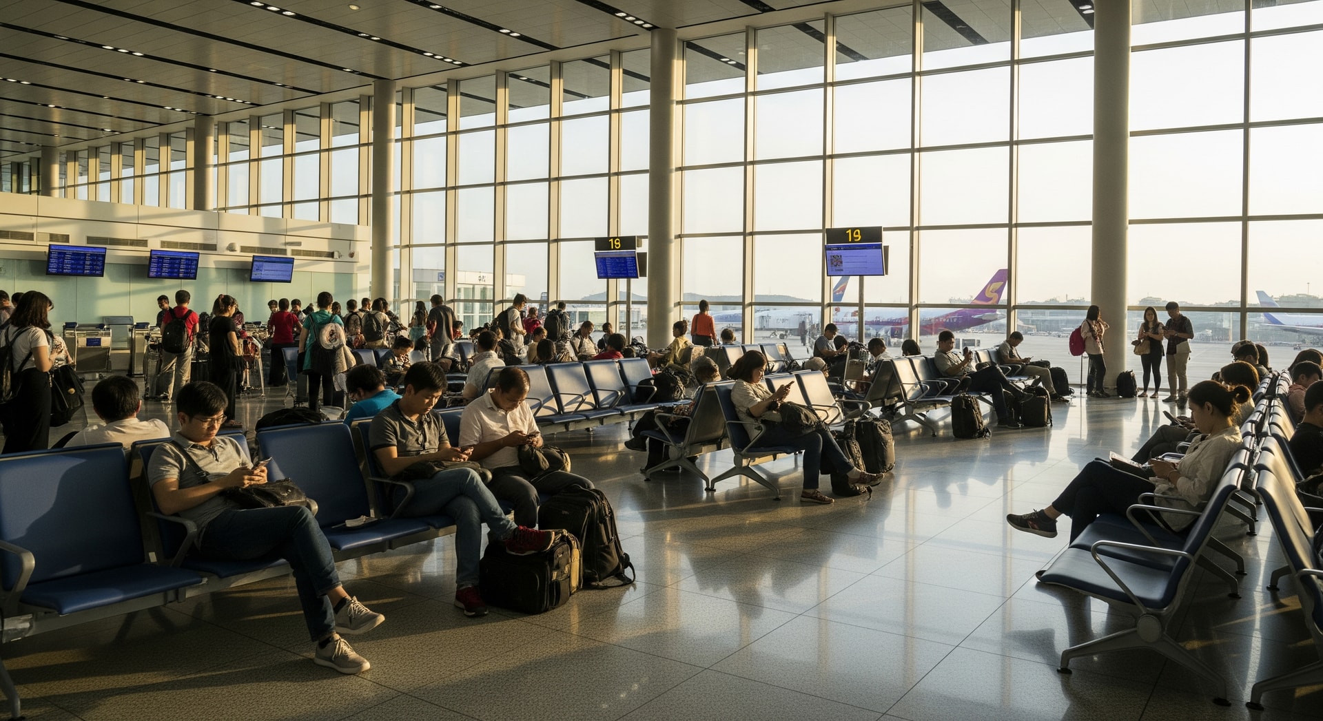 Passengers waiting at a busy Southeast Asian airport departure hall amid flight delays
