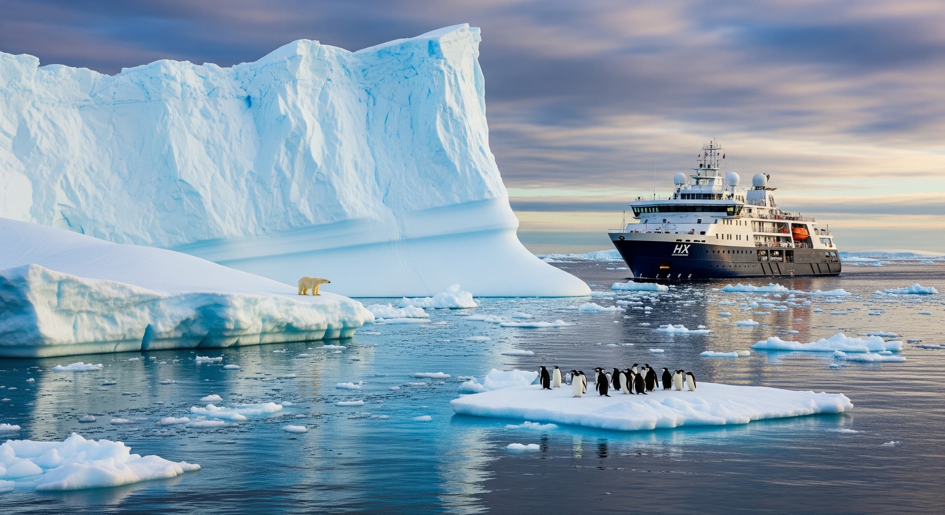 HX Expeditions ship navigating polar waters near an iceberg with wildlife in view
