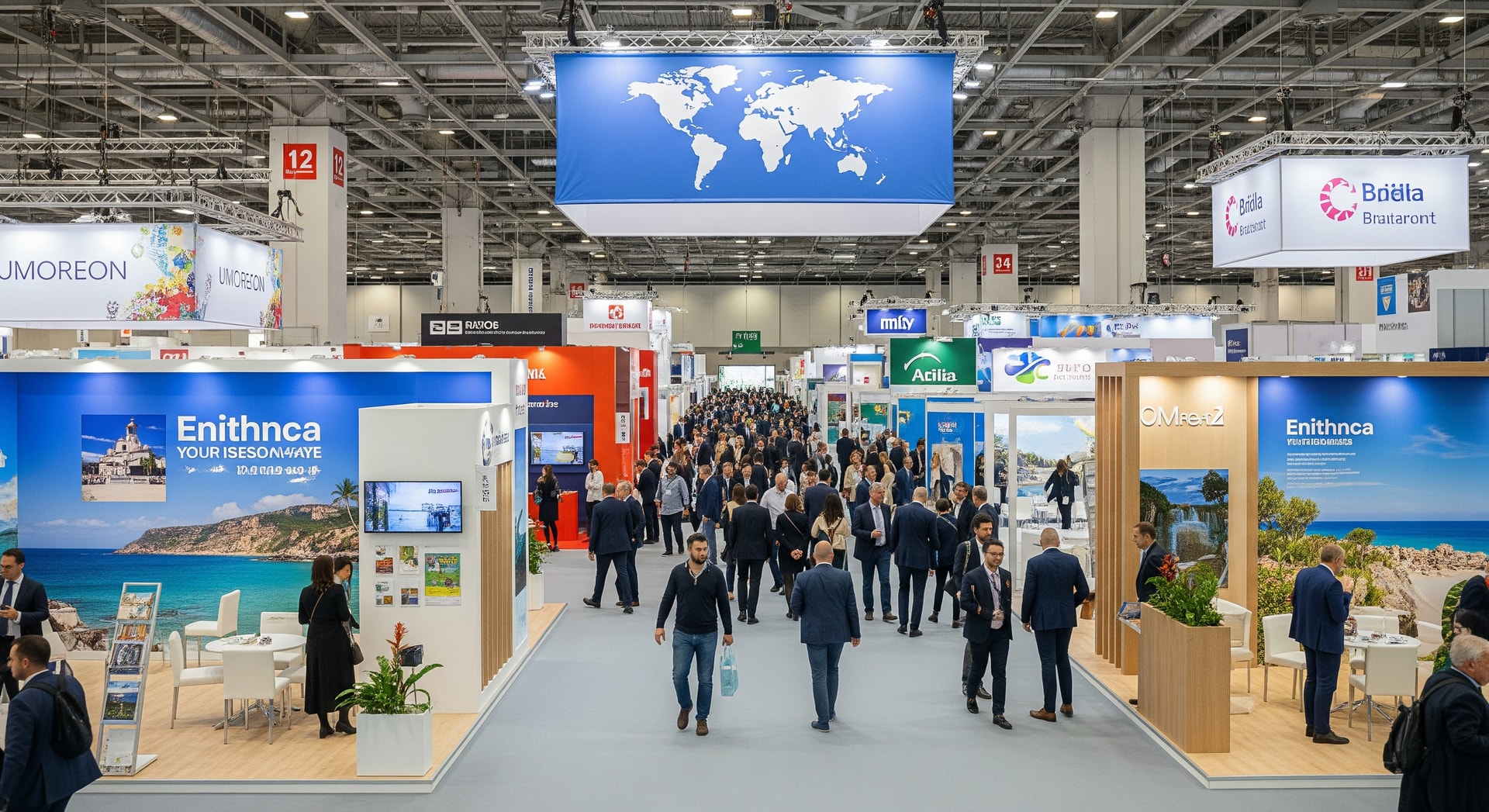 Delegates and exhibition stands at a travel fair representing international destinations