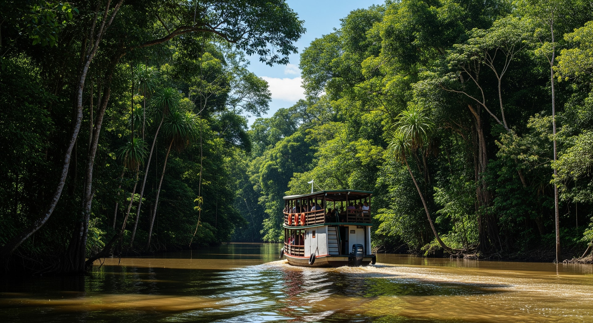 A riverboat traveling through the Amazon rainforest in Brazil