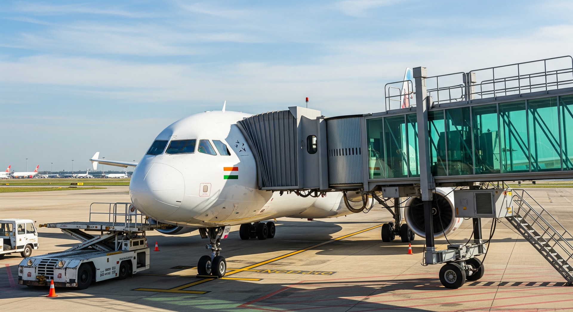 Airline boarding bridge and parked aircraft representing India domestic air travel and fare impacts