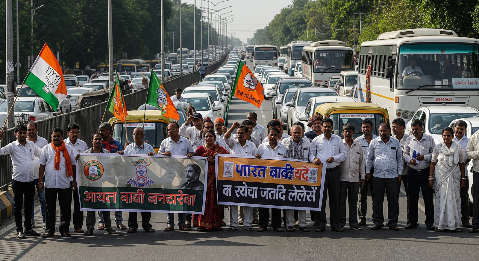 Protesters blocking a road during Bharat Bandh causing traffic disruption in India