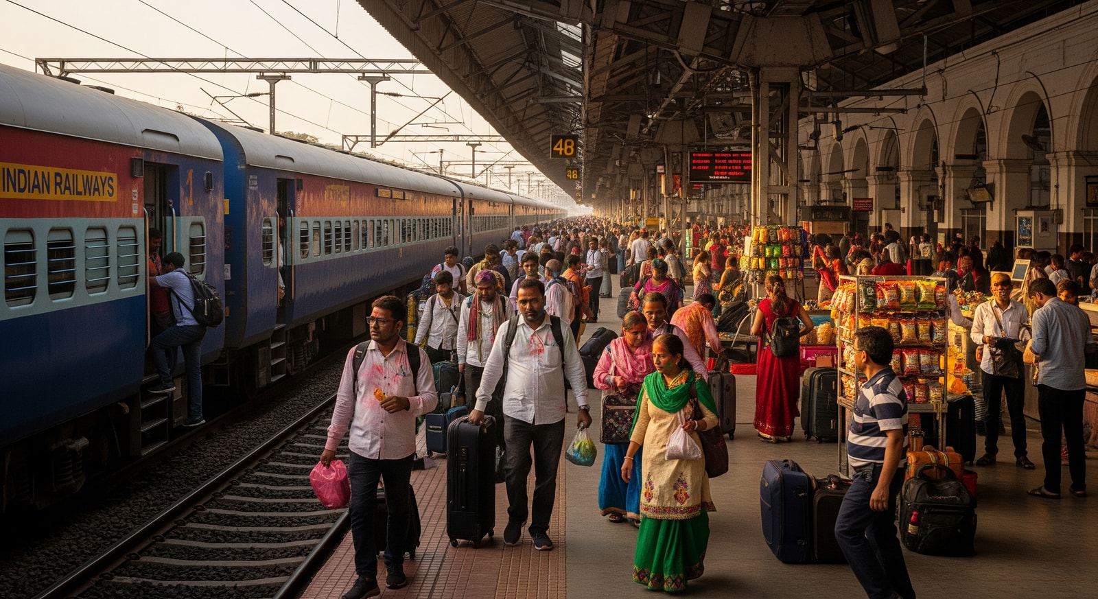 Indian Railways passenger coaches at a busy station, illustrating Holi festival travel demand and special train operations