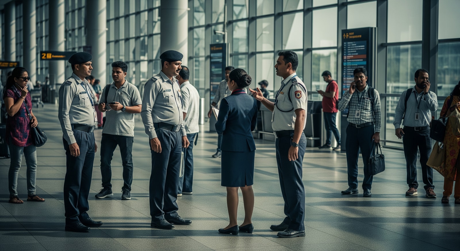 Security personnel and passengers at Kolkata airport following an IndiGo security incident