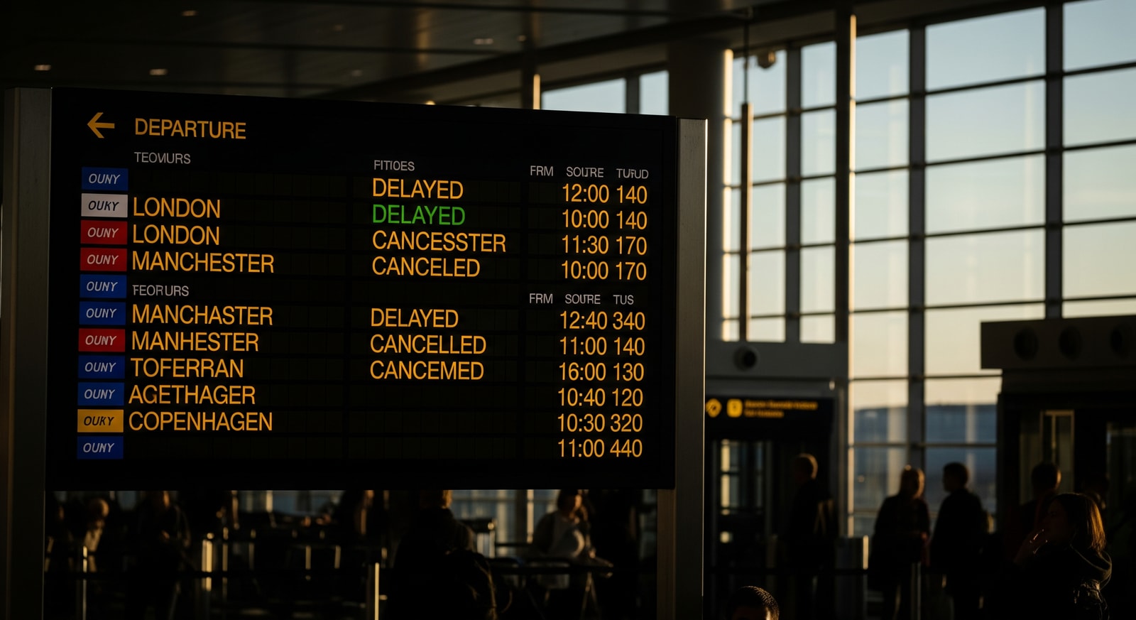 Airport departure board showing flight schedule changes for London, Manchester, and Copenhagen routes