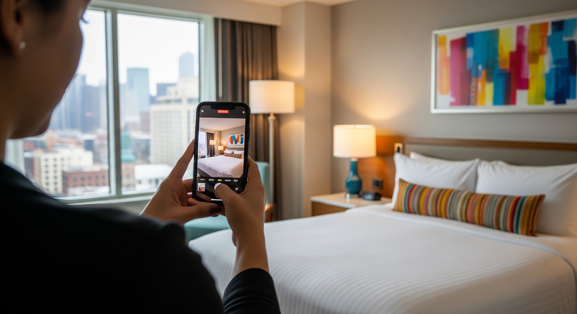 A traveler filming a hotel room tour on a smartphone for social media
