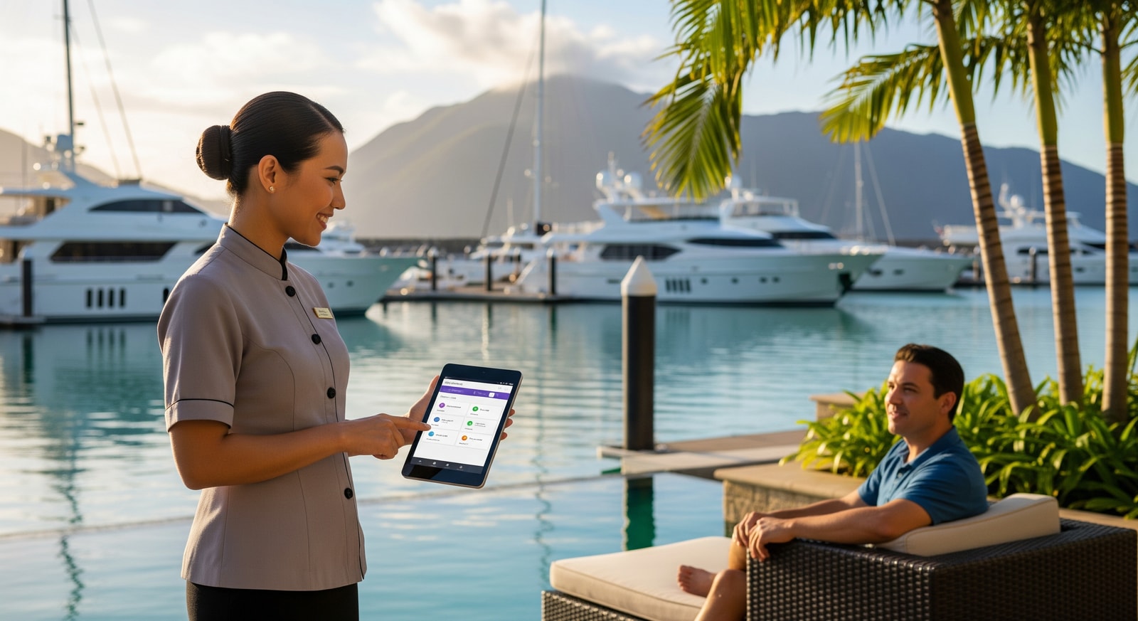Hotel staff using mobile POS devices at Shangri-La The Marina Cairns to serve guests