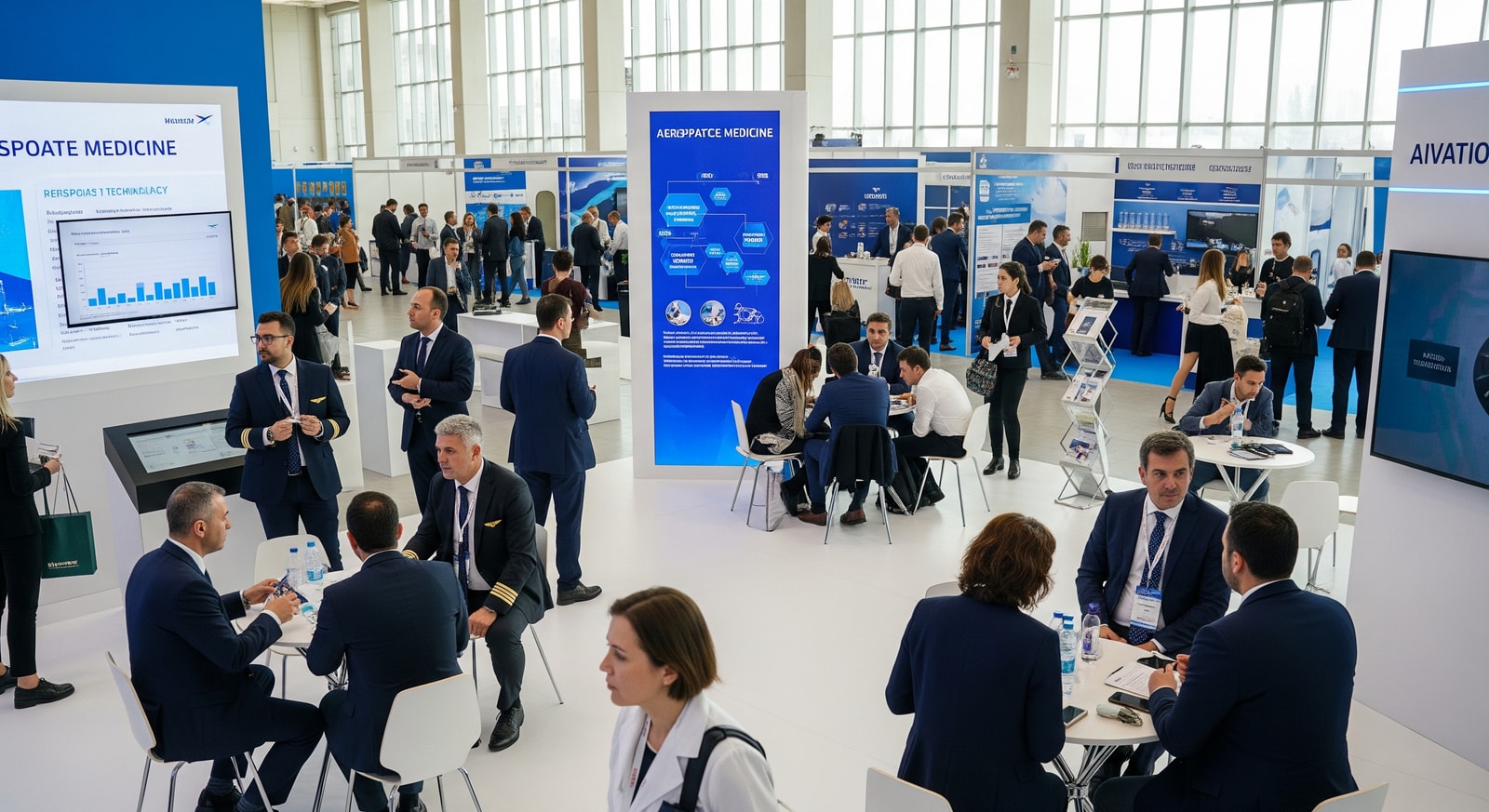 Conference attendees and exhibition stands at an aviation health event in a modern Istanbul venue