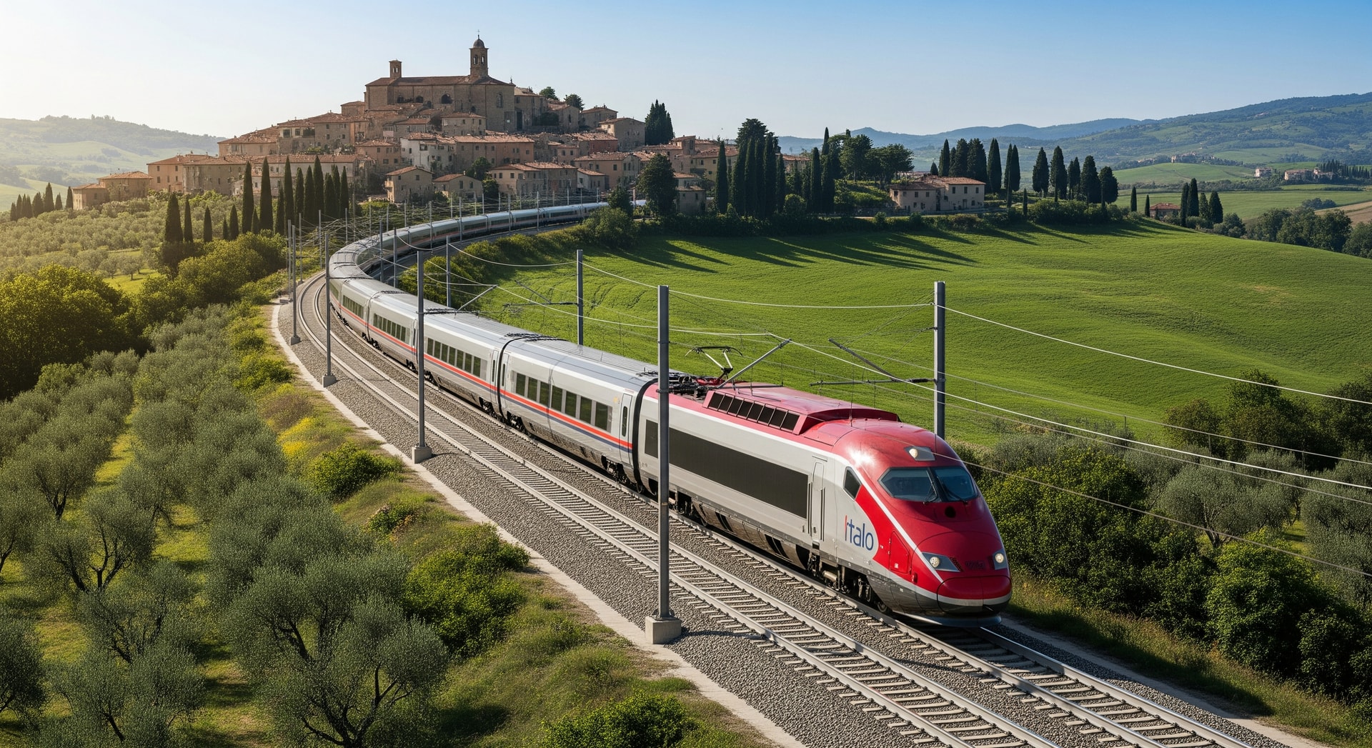 Italo high-speed train travelling across Italian countryside showing modern rail travel technology