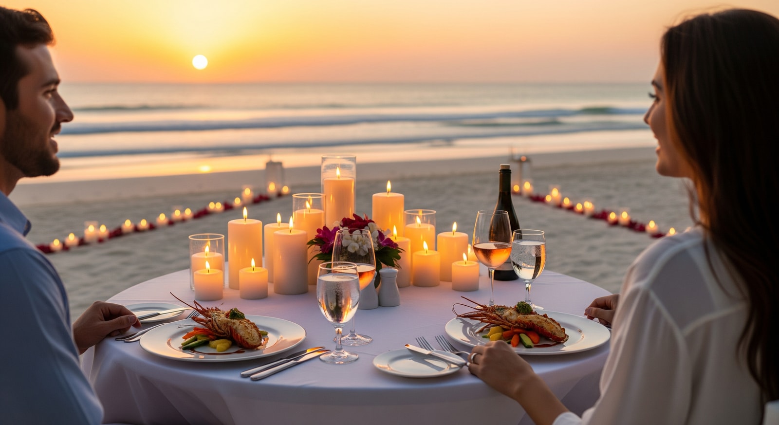 Couple enjoying a private beachfront dinner at a JA Resorts property, showcasing a romantic candle-lit setting
