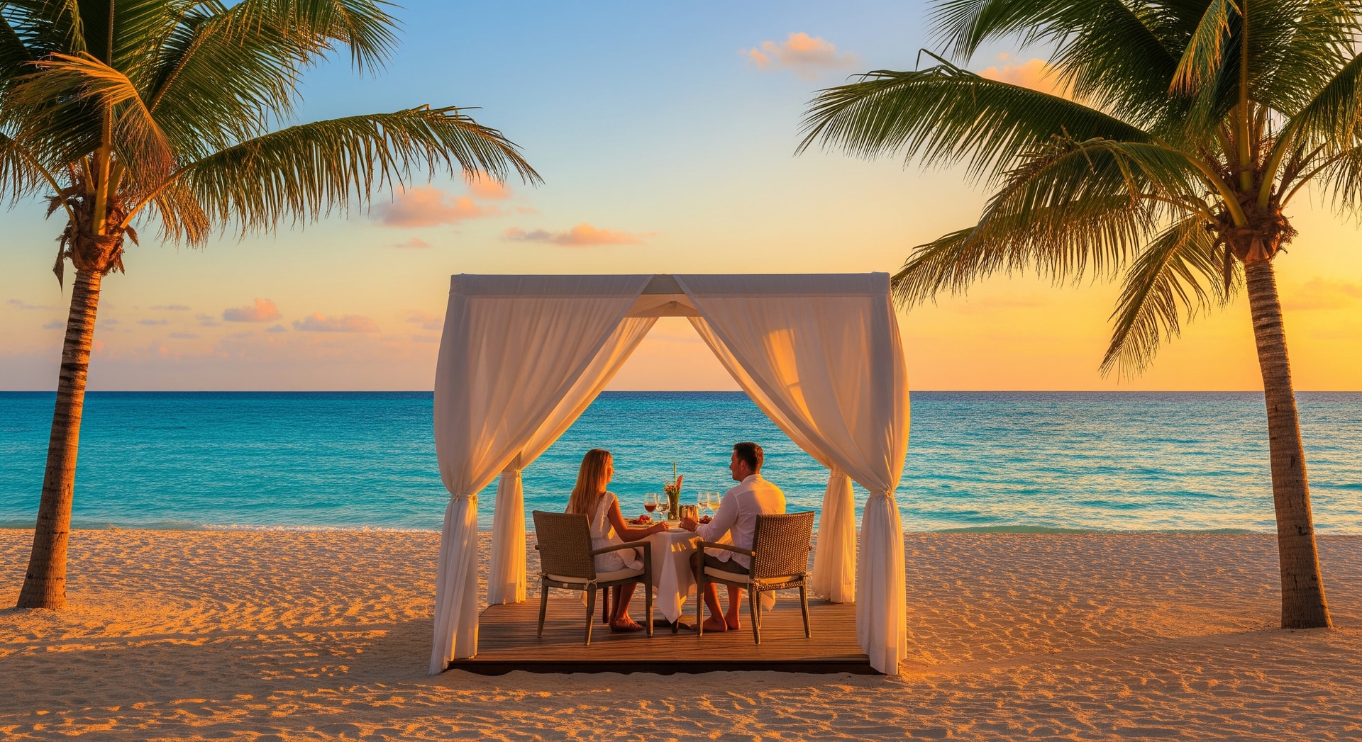 Couple dining at a private beach cabana at a luxury JA Resorts property