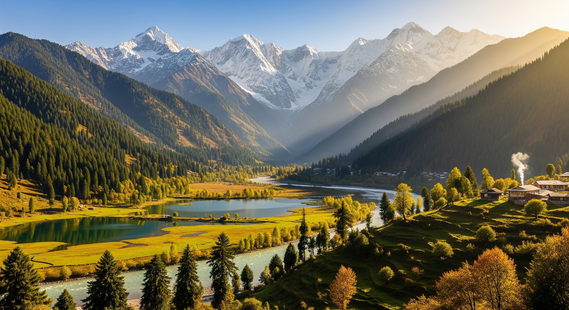 Scenic view of the Kashmir Valley near Srinagar with snow-capped mountains and lakes