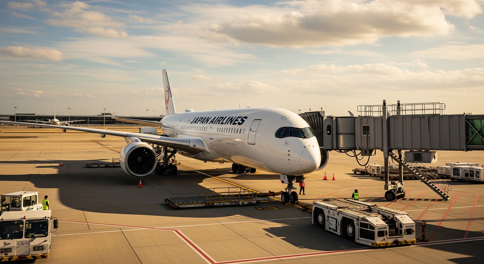 Japan Airlines Airbus A350 at an airport gate signaling expanded international services