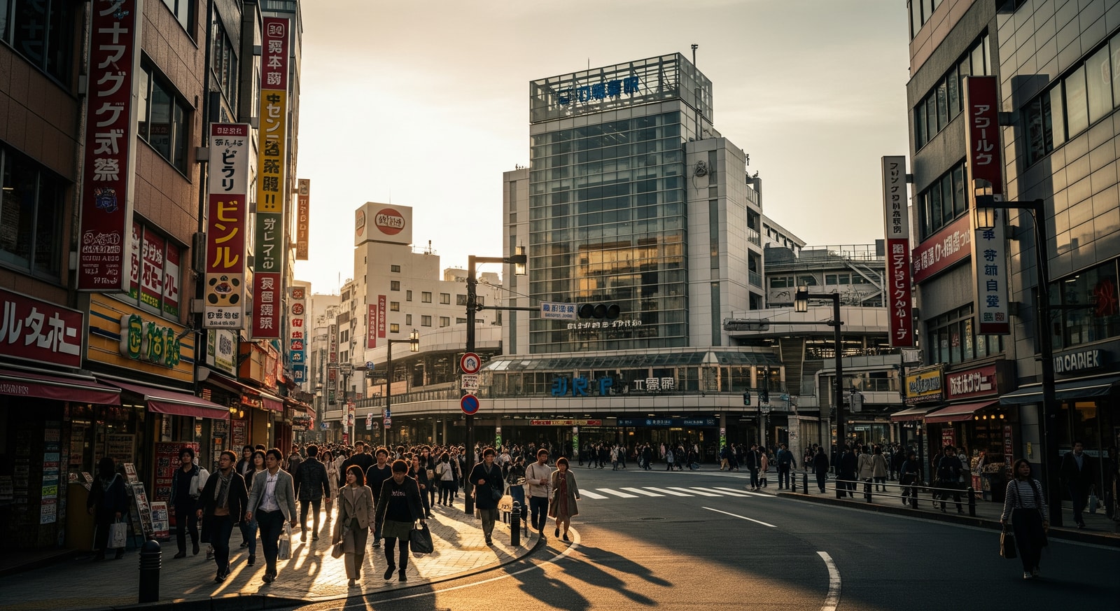 Busy Japanese city street popular with tourists near a train station