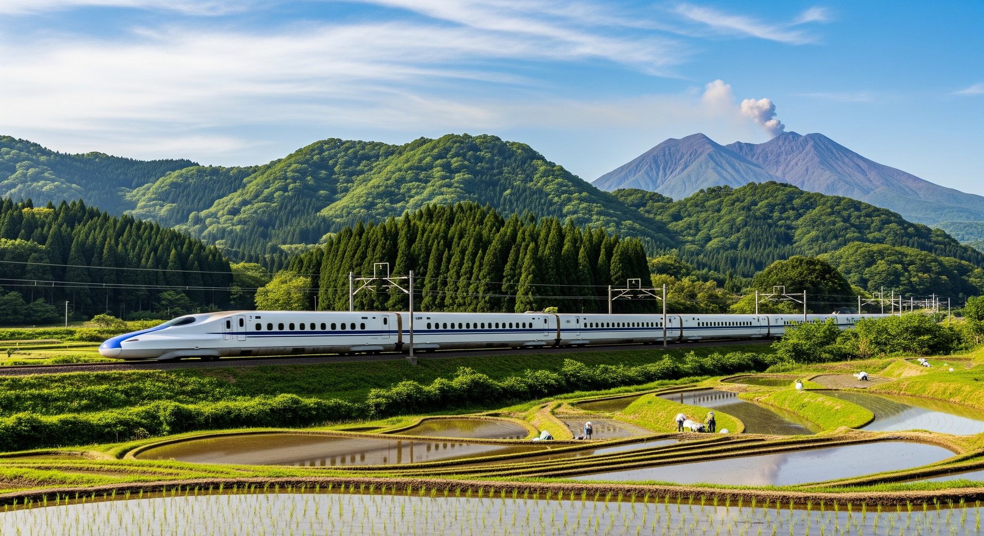 Shinkansen train traveling through Kyushu landscape near Kagoshima