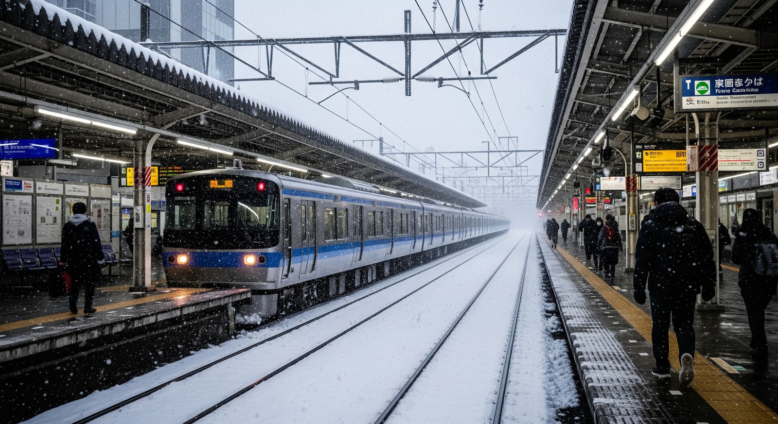 Commuters navigating snowy conditions at a Japanese railway station during a winter storm
