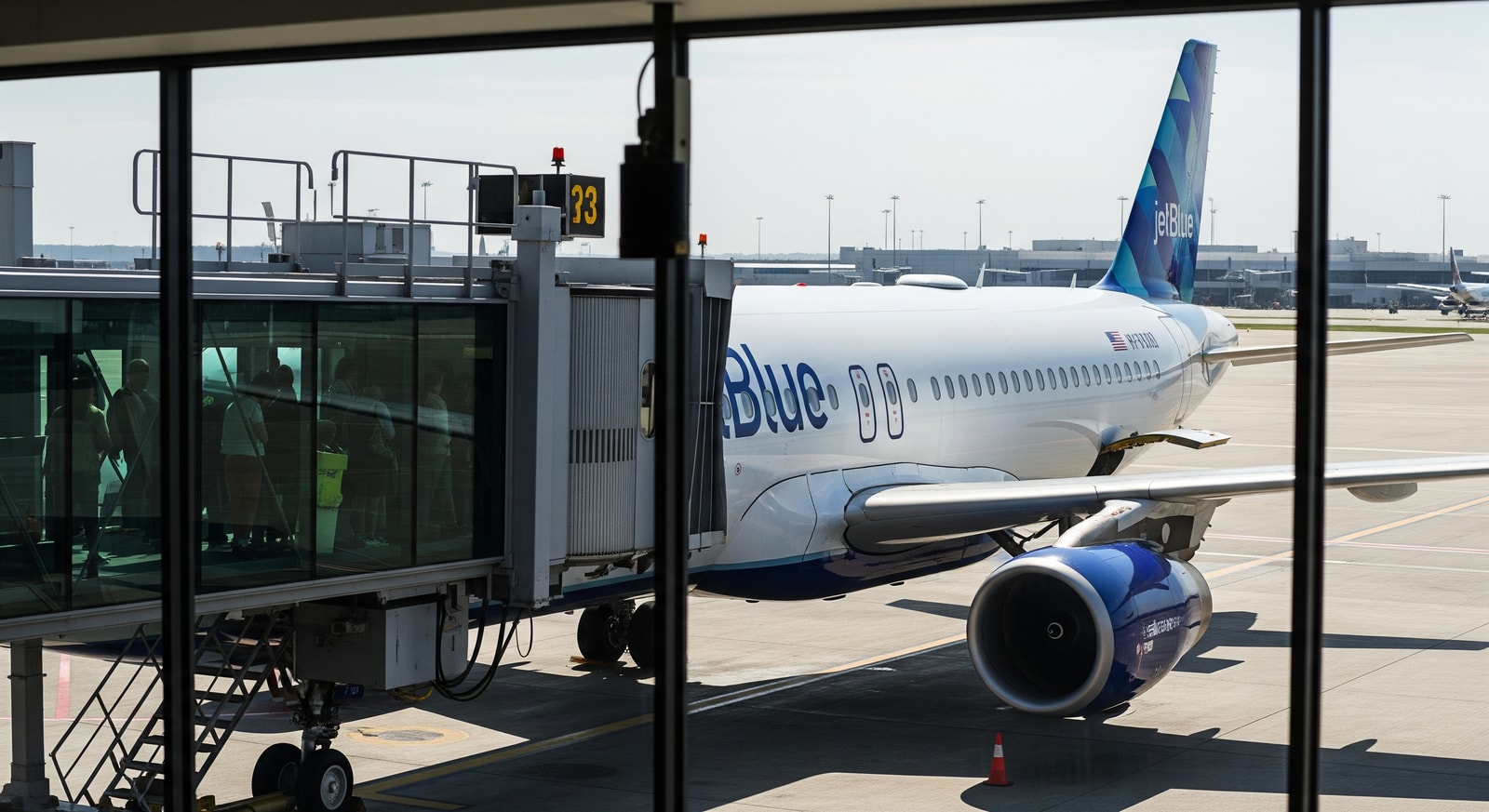 JetBlue aircraft parked at an airport gate illustrating nonstop service between Houston and New York