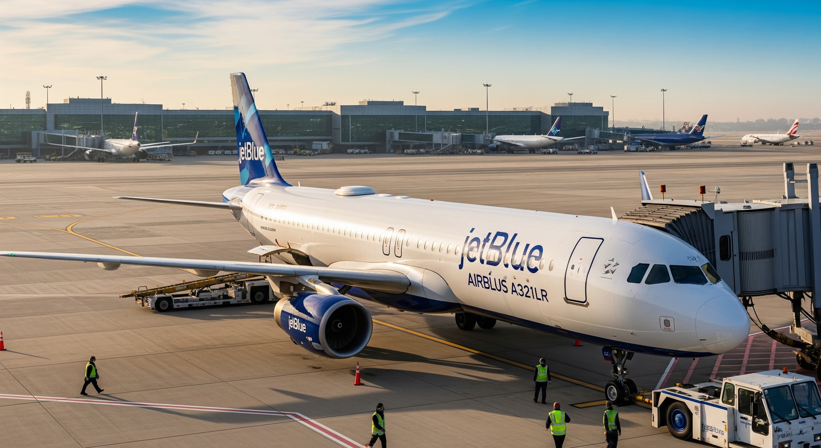 JetBlue A321LR at airport, representing new nonstop flights to Barcelona and Milan