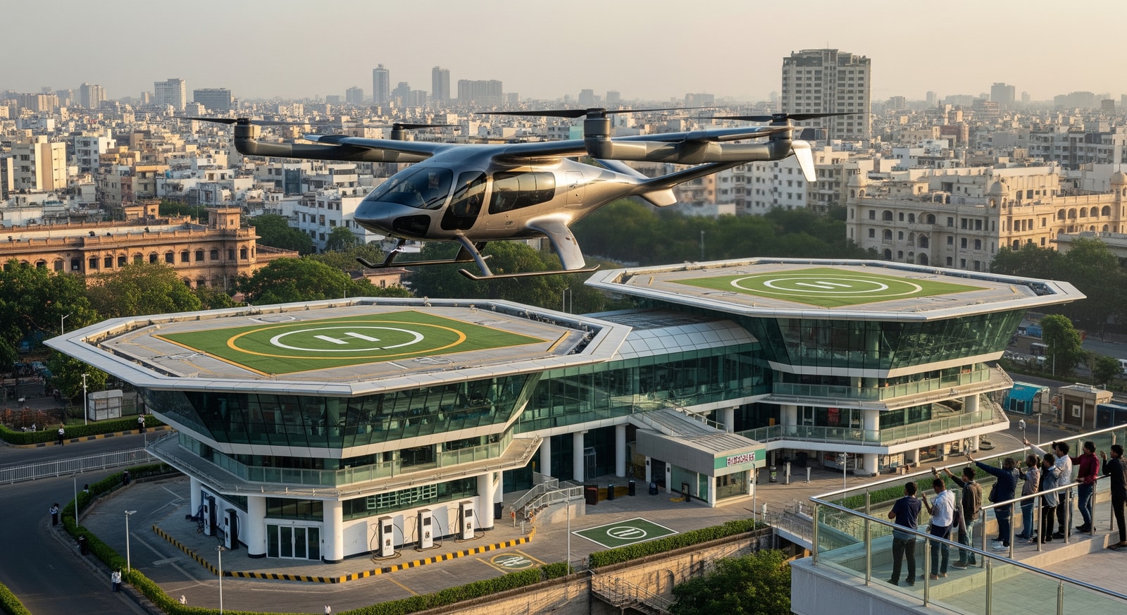 Electric eVTOL aircraft concept near a vertiport, illustrating advanced air mobility in India