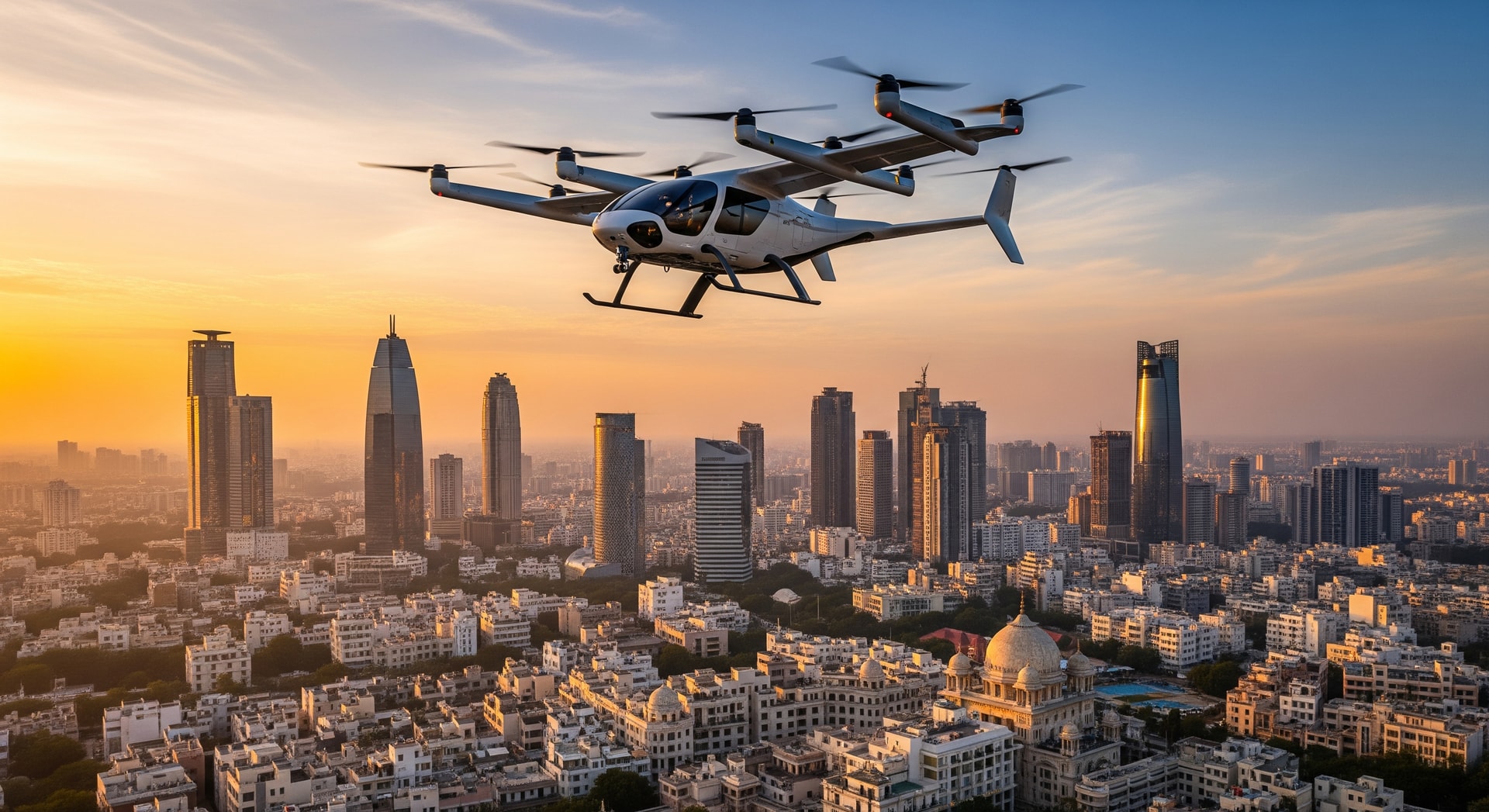 Concept image of an electric eVTOL aircraft flying above a modern city skyline in India