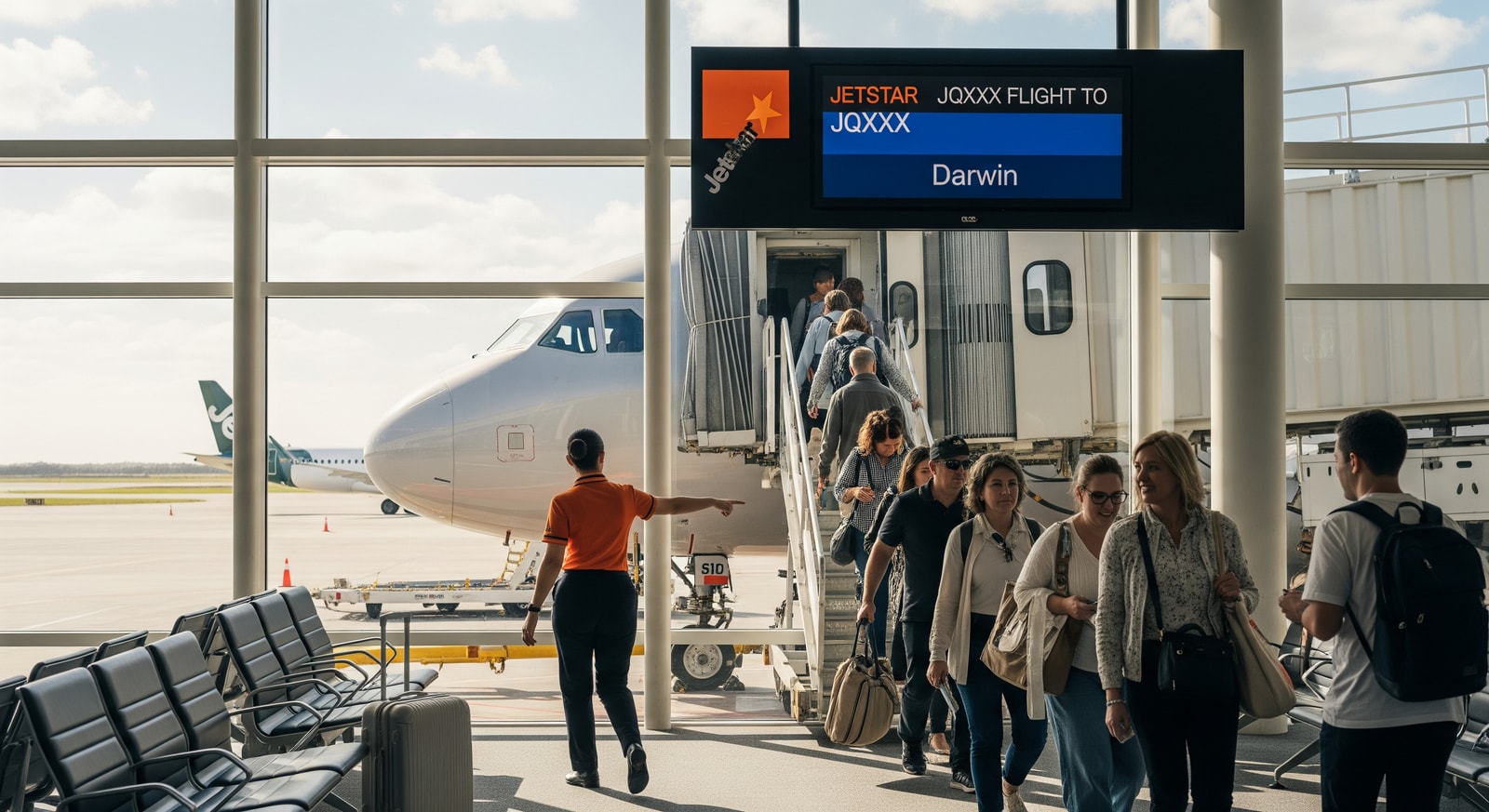 Passengers boarding a domestic Jetstar flight at an Australian airport with Darwin-bound signage
