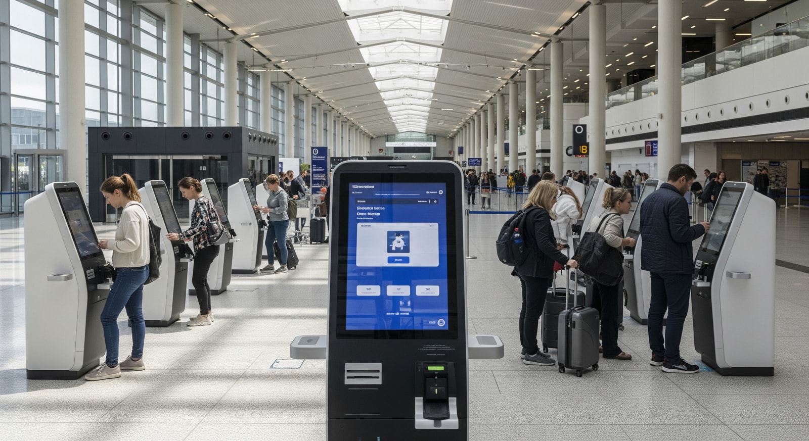 Biometric kiosk and arrival hall at New Terminal One showing improved passenger processing