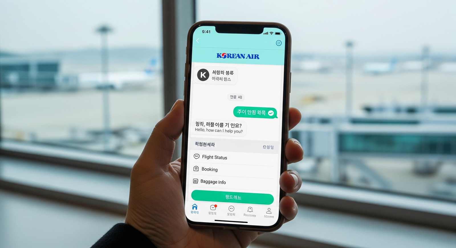 Korean Air AI chatbot interface displayed on a mobile phone with Incheon Airport in the background