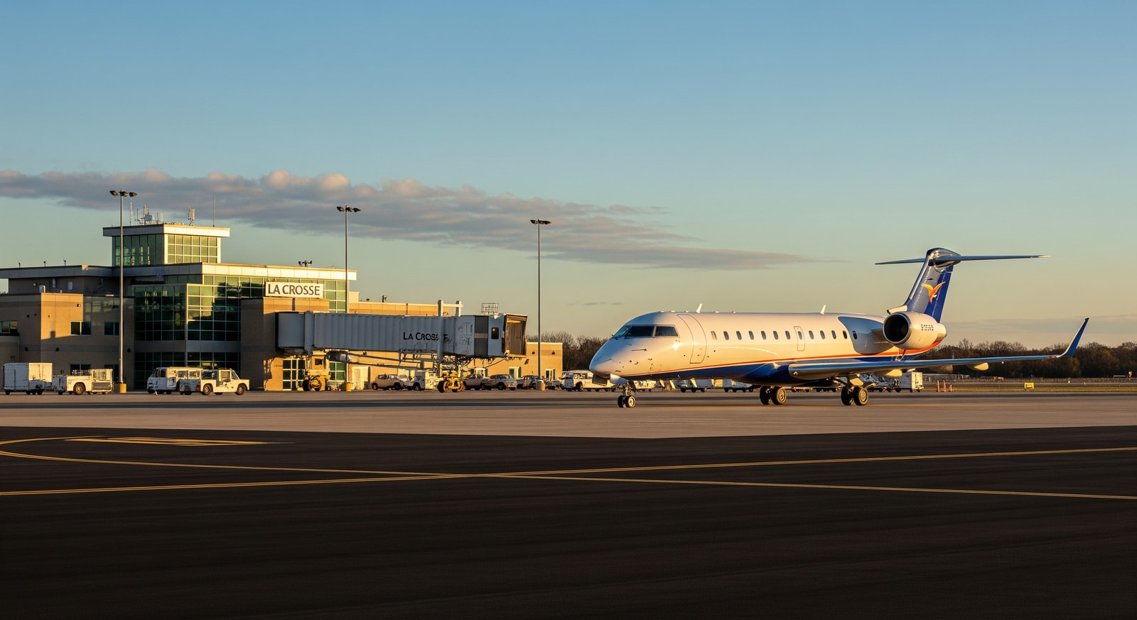 Regional jet at La Crosse Regional Airport apron with terminal building in the background