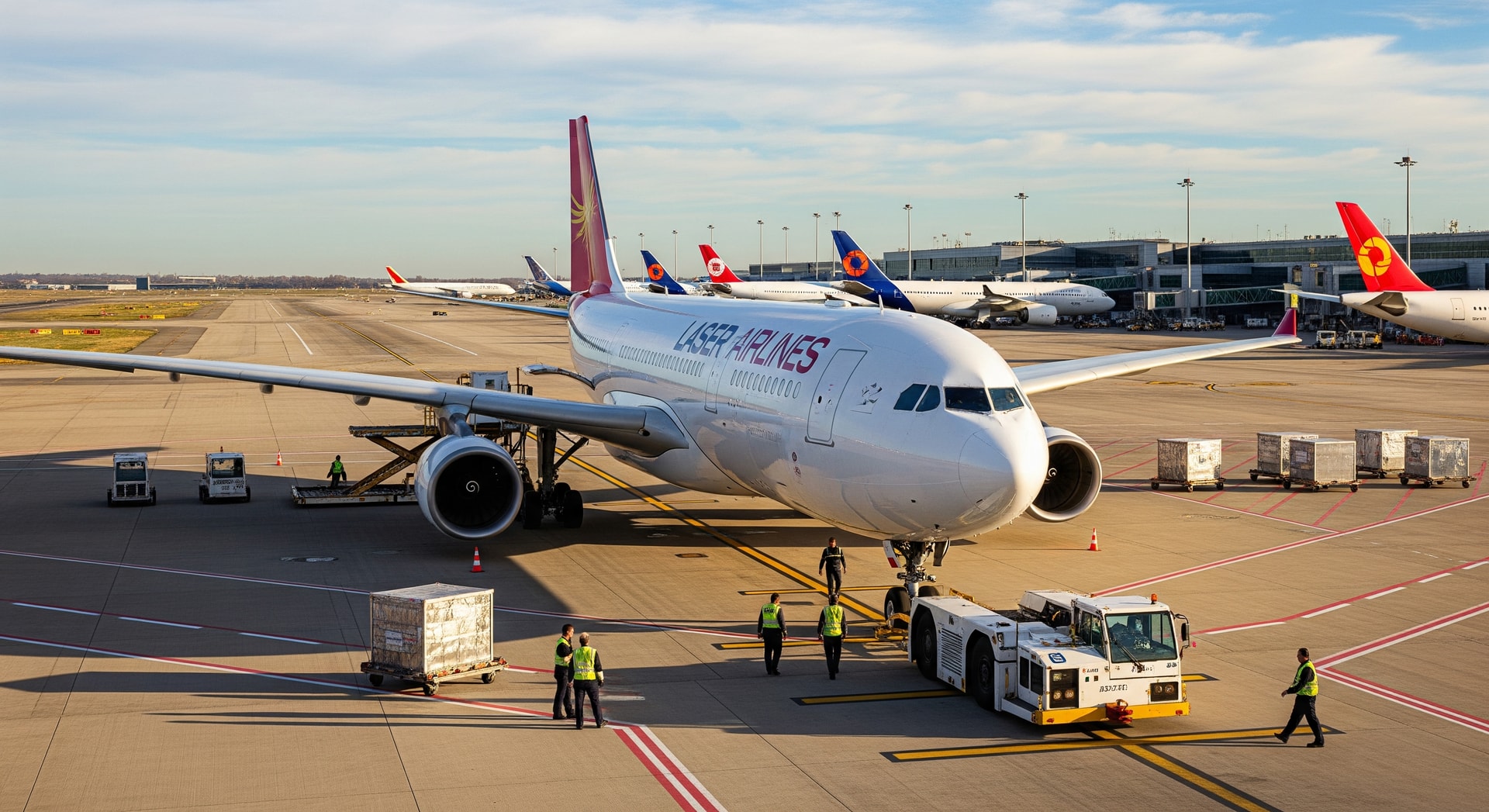 Laser Airlines Airbus A330 at an international airport preparing for long‑haul operations