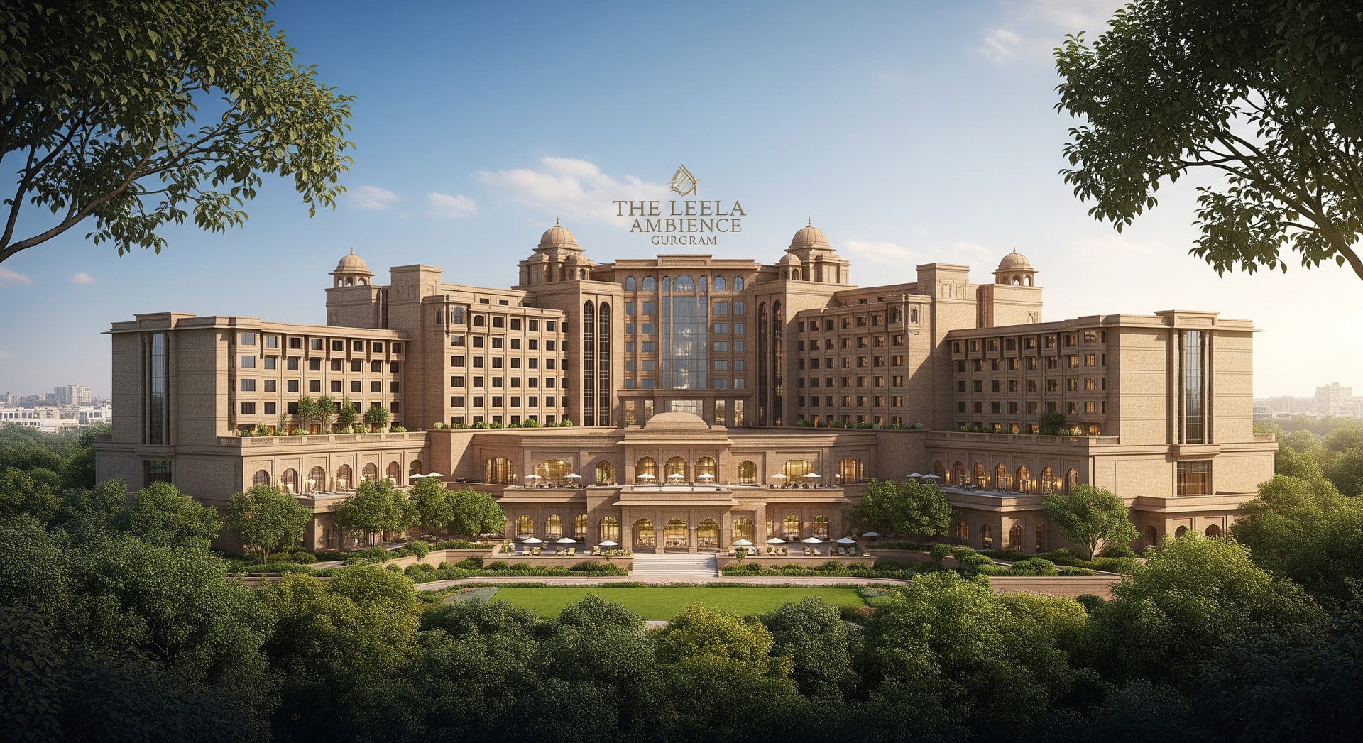 Exterior view of The Leela Ambience Gurugram surrounded by forested grounds