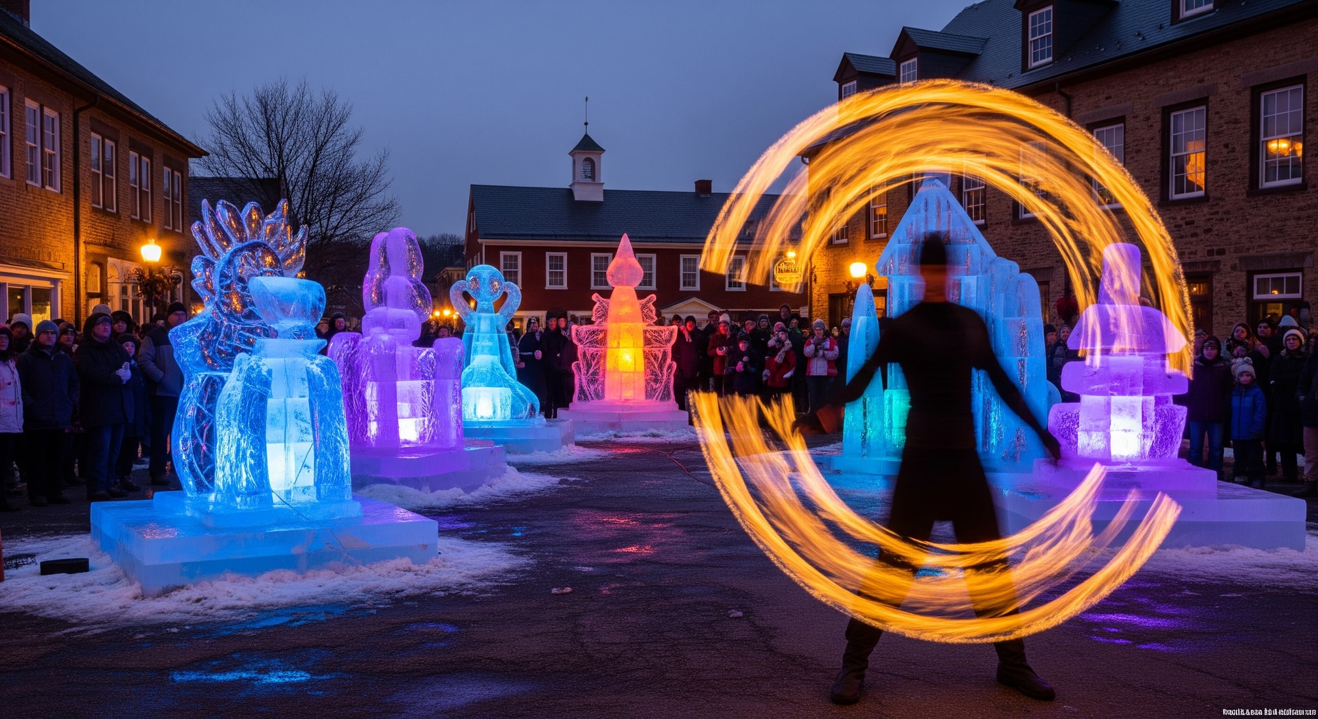 Ice sculptures and evening fire performance in Lititz during the Fire & Ice Festival