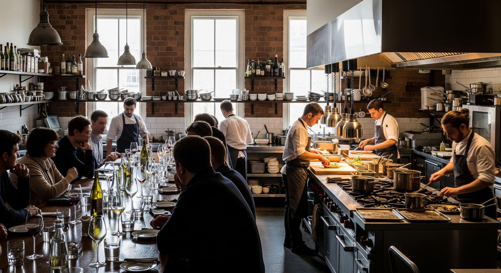 Interior chef's counter at Lofft in Cardiff with open kitchen and communal seating