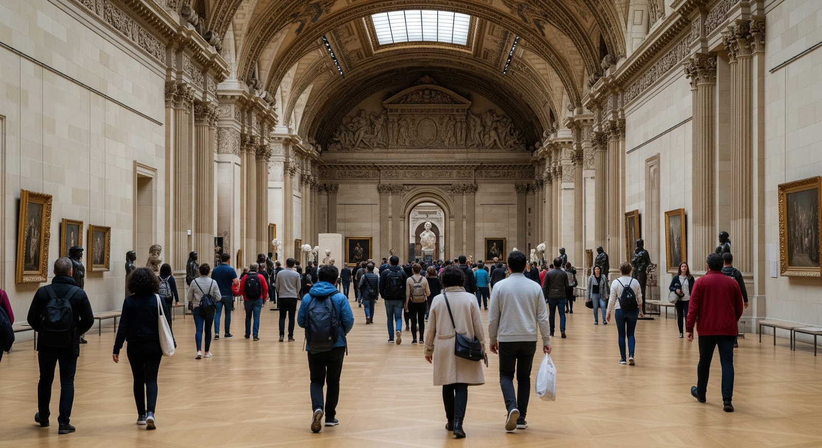 Interior view of the Louvre with visitors near galleries, representing potential visitor impacts from closures