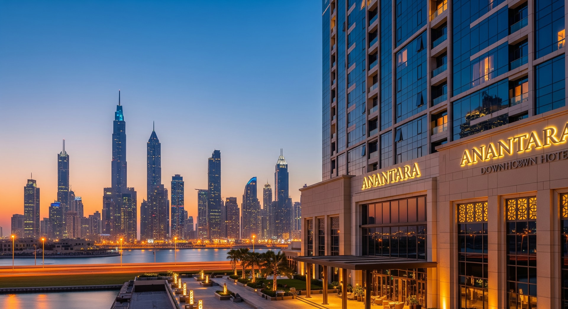 Anantara Downtown Dubai exterior at dusk with Business Bay skyline