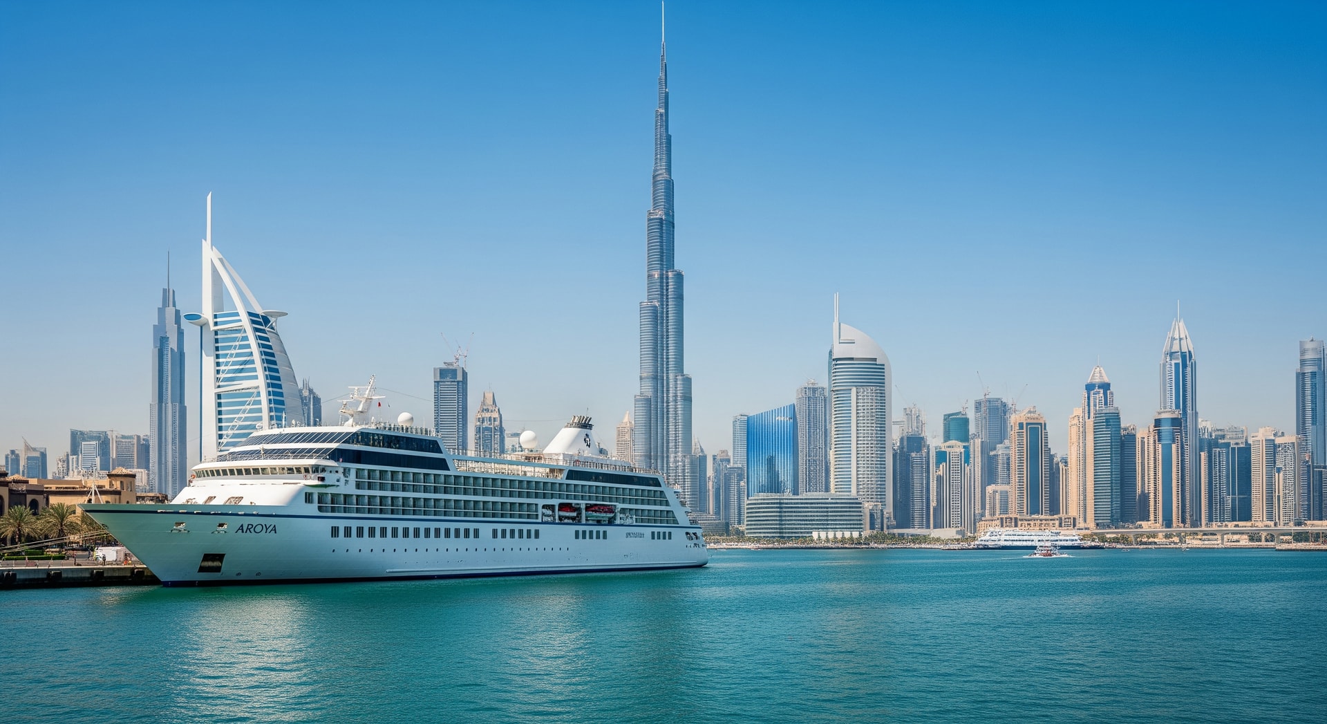 Aroya cruise ship docked in a modern port with Dubai skyline in the background