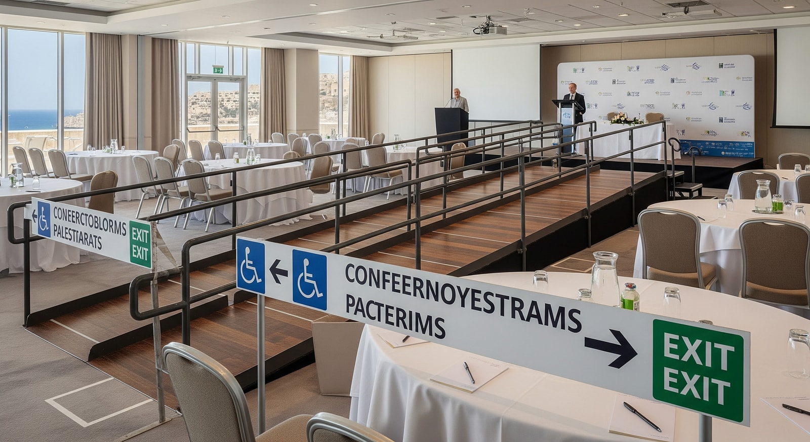 Conference room at a Malta hotel prepared for accessibility forum with ramps and signage
