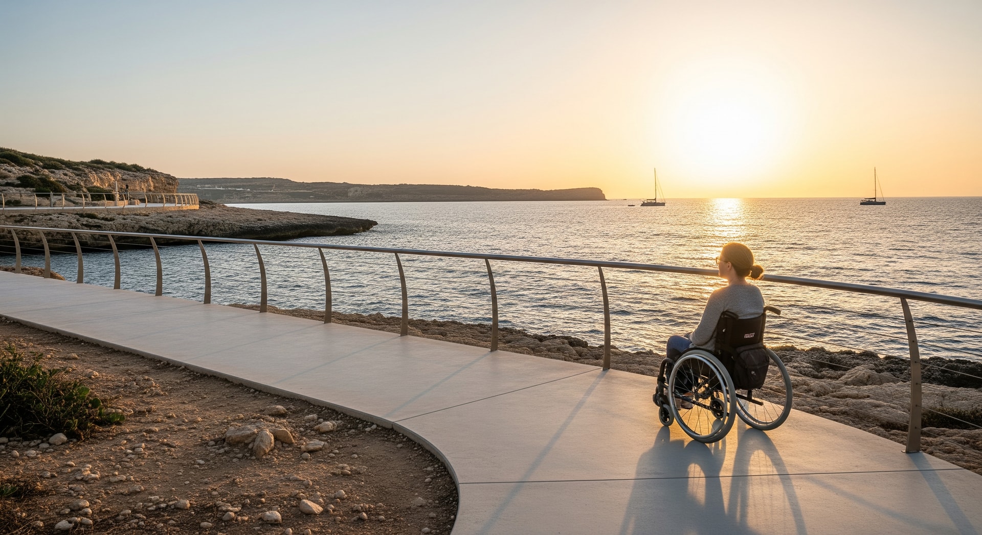 Accessible walkway along a Maltese promenade with wheelchair user enjoying coastal views