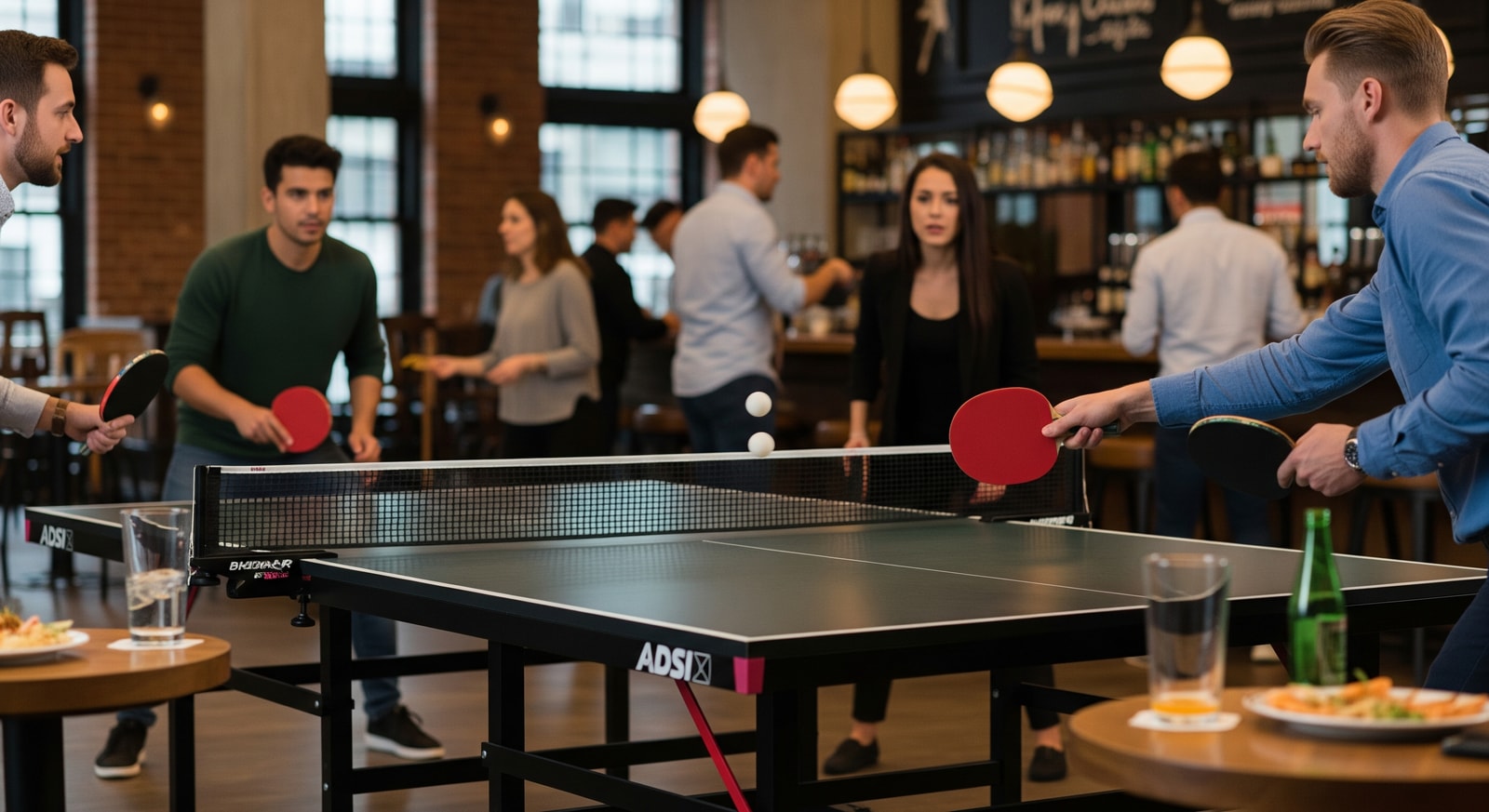 Patrons playing at a ping-pong bar, reflecting increased searches for ping-pong venues after the Marty Supreme film