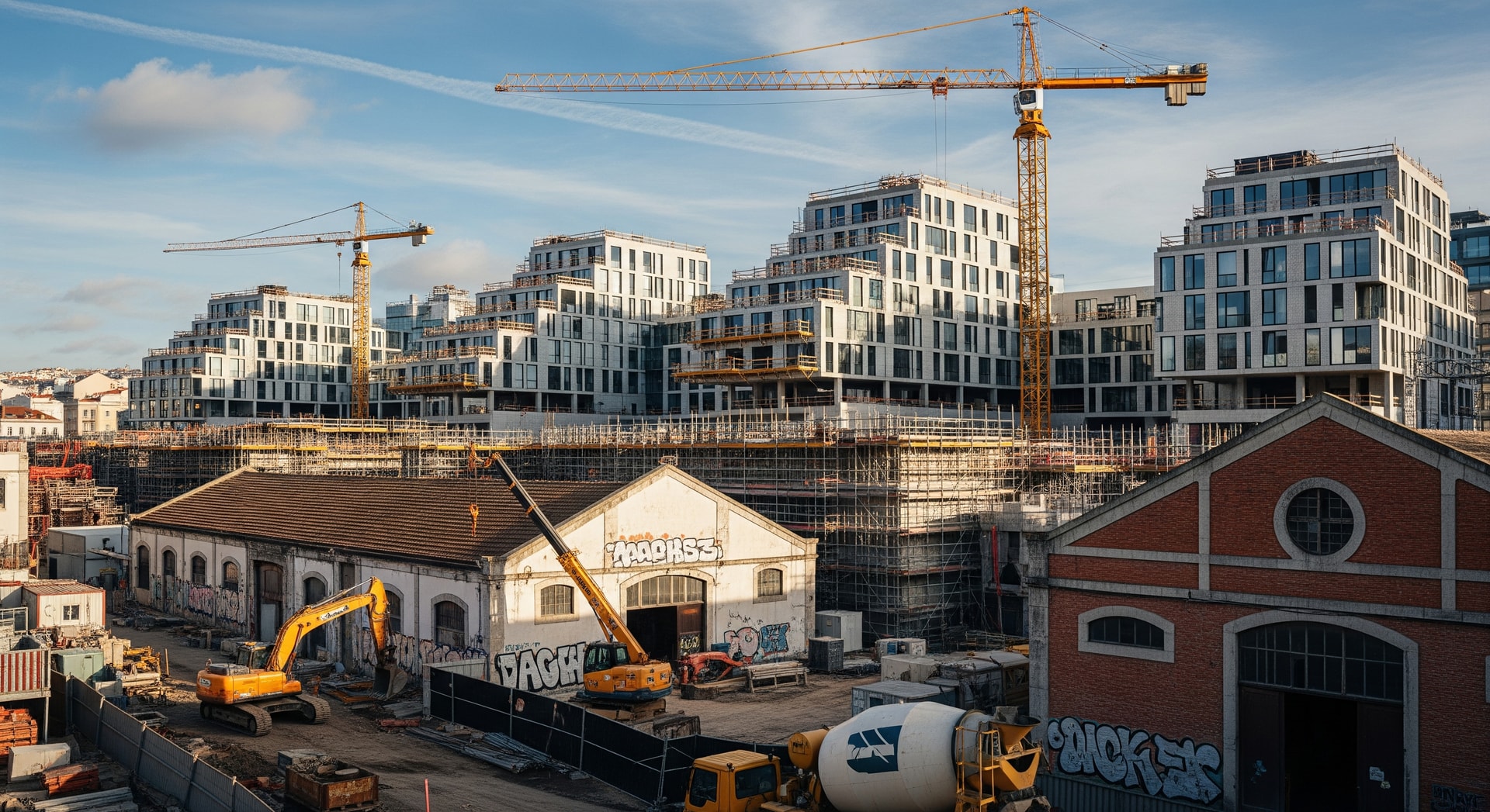 Construction site and industrial warehouses in Marvila, Lisbon undergoing regeneration