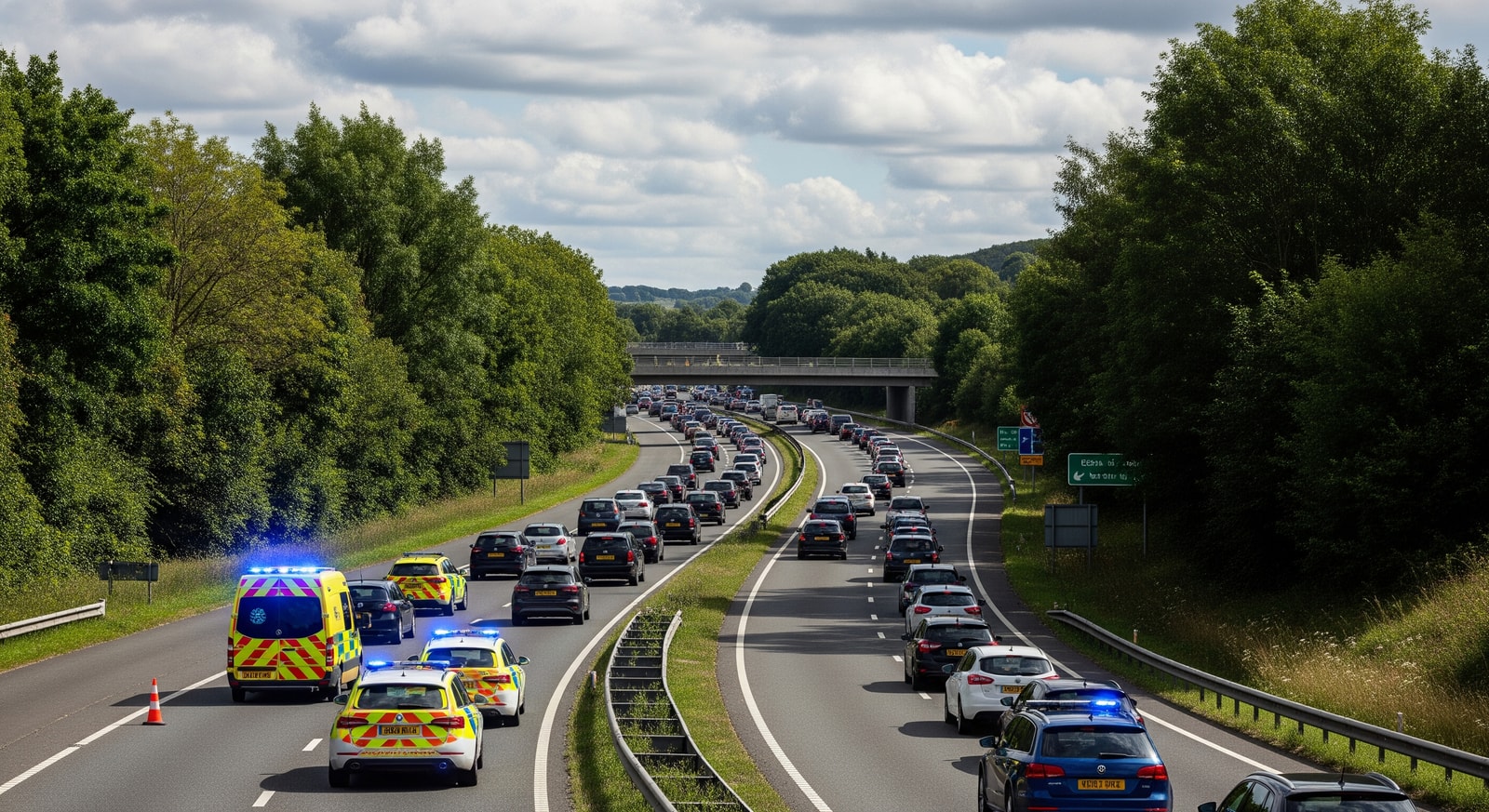 Queues of vehicles on the A38 Devon Expressway near Drumbridges following a crash with emergency response vehicles present