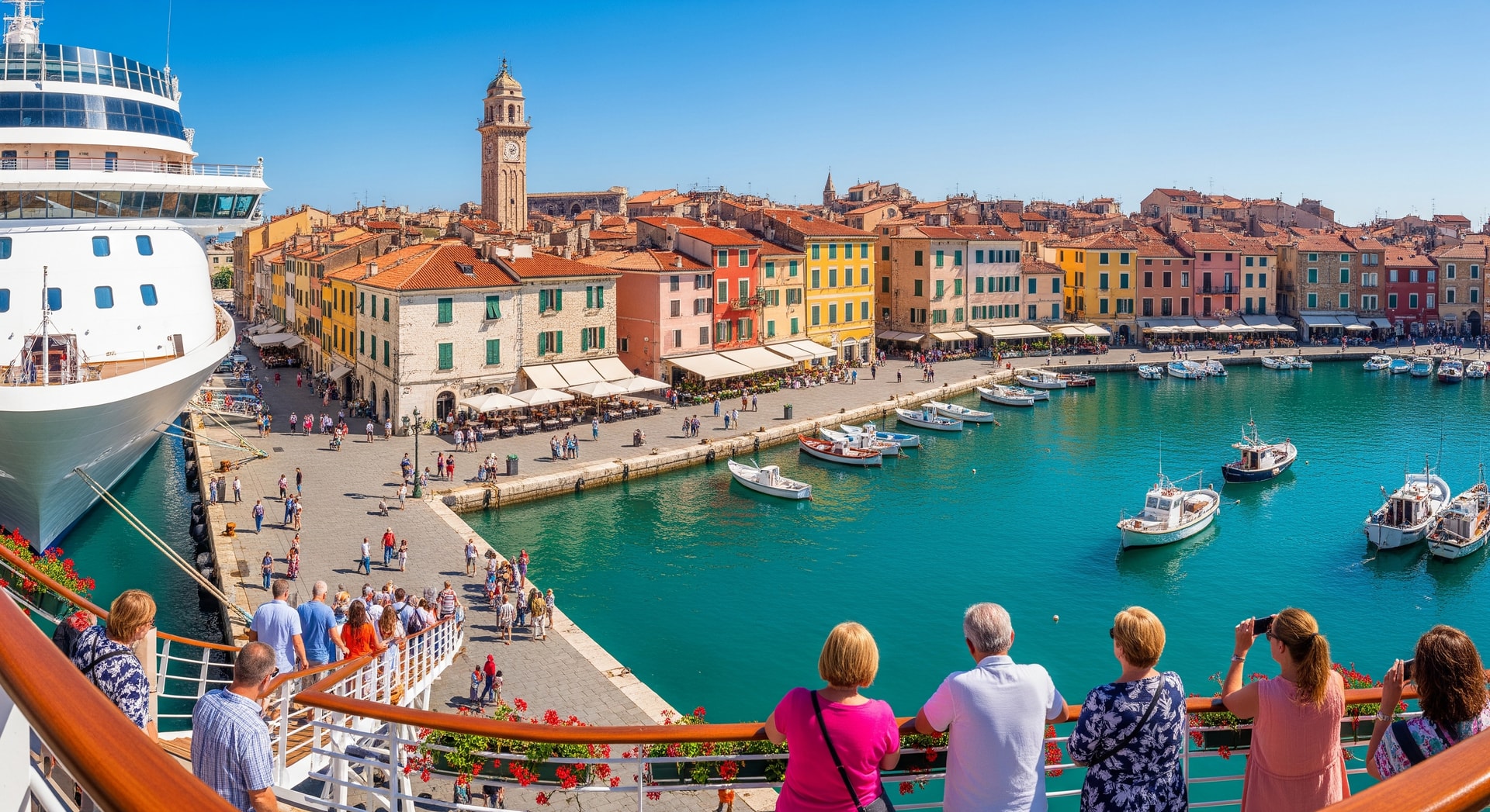 Passengers disembarking at a picturesque European port during a cruise